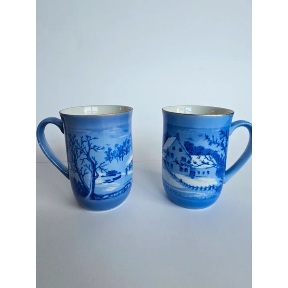 Vintage Currier & Ives Blue and White Mugs Winter Scenes